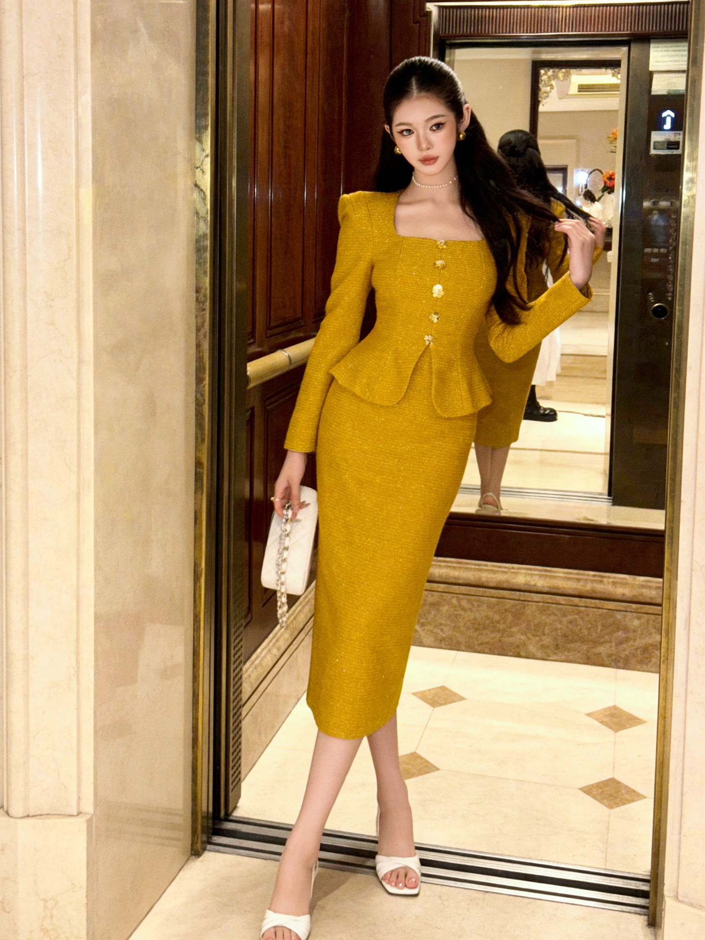 Đầm suông nữ midi cổ vuông kiểu Pháp, cúc đơn, eo thắt, thiết kế giả hai lớp che bụng mông — đen