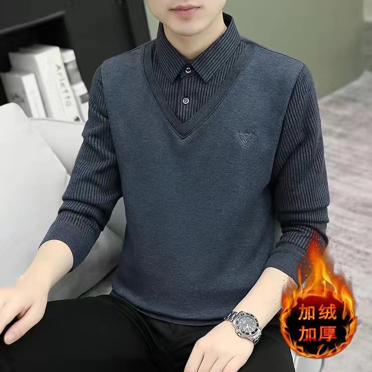 Entrega de una pieza Otoño e Invierno camisa de hombre manga larga forrada de lana gruesa cardigan falso suéter de punto juvenil de dos piezas