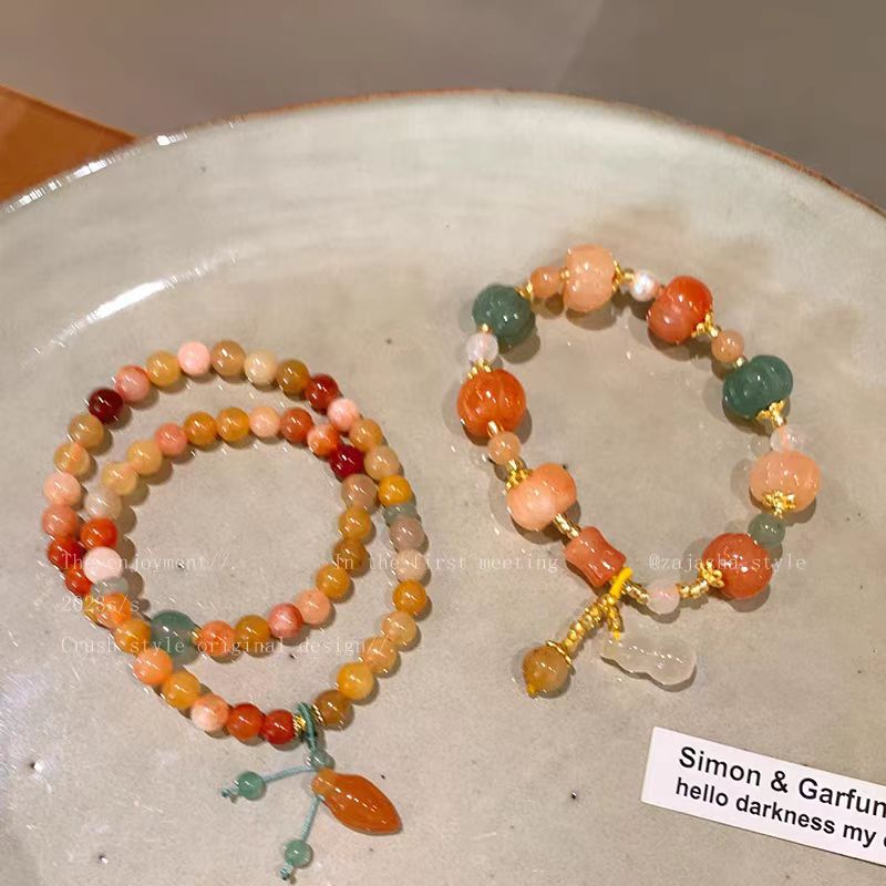 Goldenes Seiden-Jade-Armband ~ Kürbisperlen Perlen Neues chinesisches Zen-Stil Antiker Naturstein Hochwertiges Kürbisarmband_voghion.com