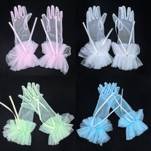 儿童短款蝴蝶结荷叶边婚纱手套超仙白色网纱礼服晚宴派对拍照手套
