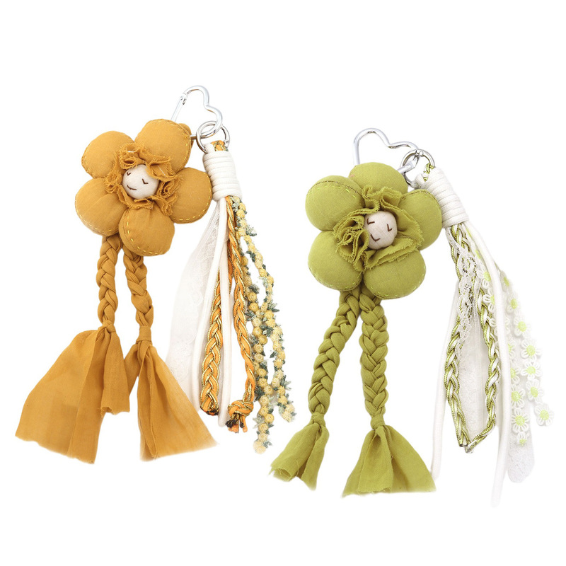 New Forest Fabric Petal Smiley Face Doll Bag Pendant Braided Rope Lace Tassel Keychain Wholesale