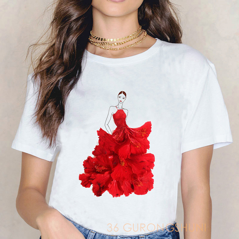 3D Red Rose Flower Dress Printed Ladies Short Sleeve Casual T-Shirt  NSATE60903