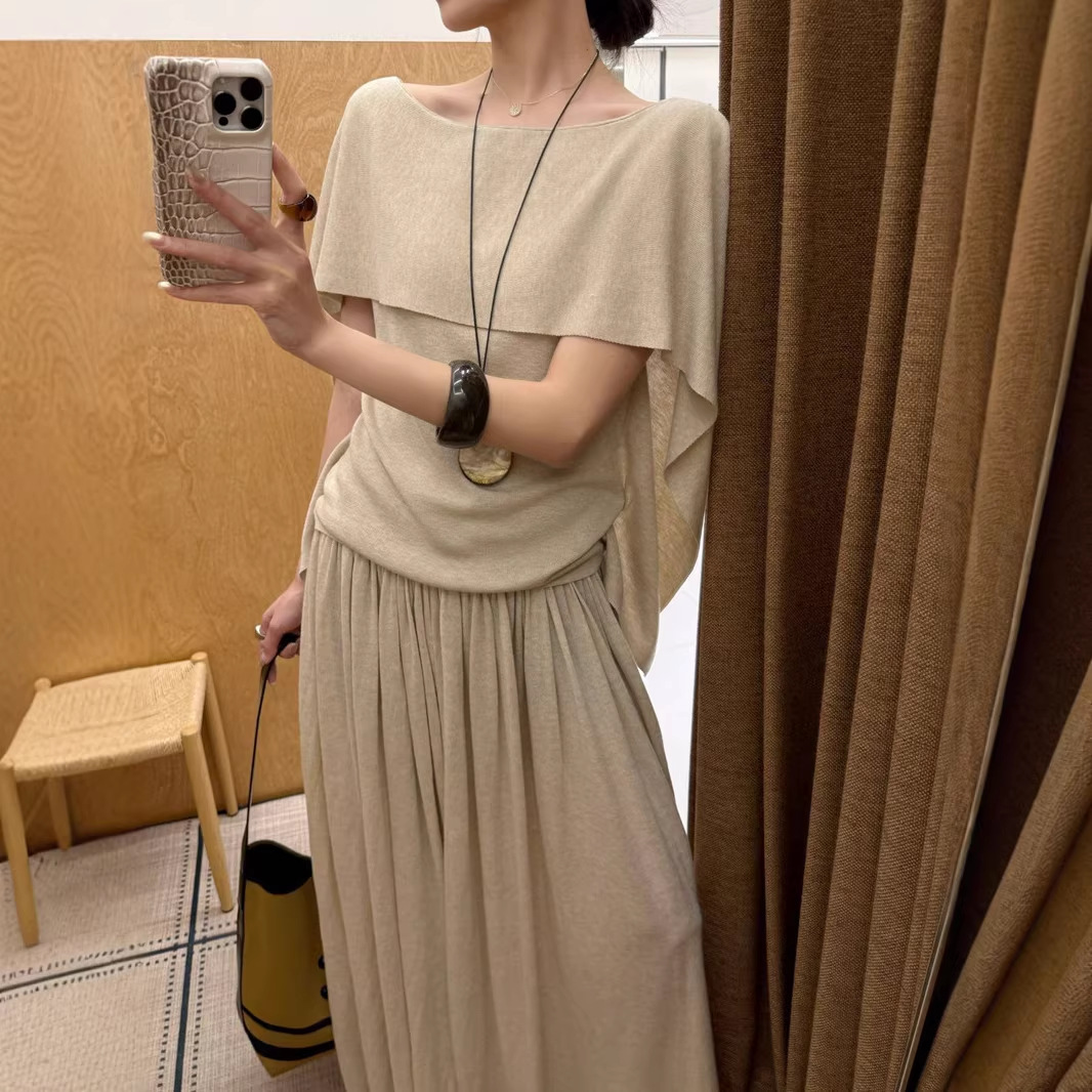 韩系穿搭橘色露肩斗篷披肩针织衫女夏季假两件时尚洋气短袖上衣薄
