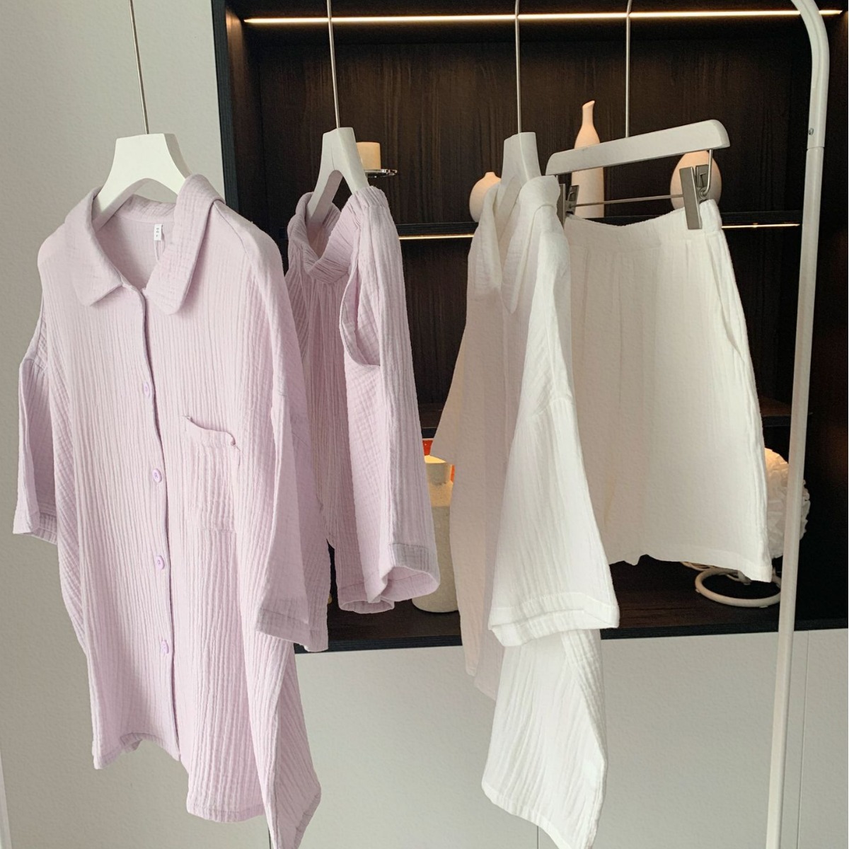 Pajamas Women's Cotton Double-Layer Veil Breathable Sweat-Absorbing Lapel Short-Sleeved Shorts Home Clothes suit