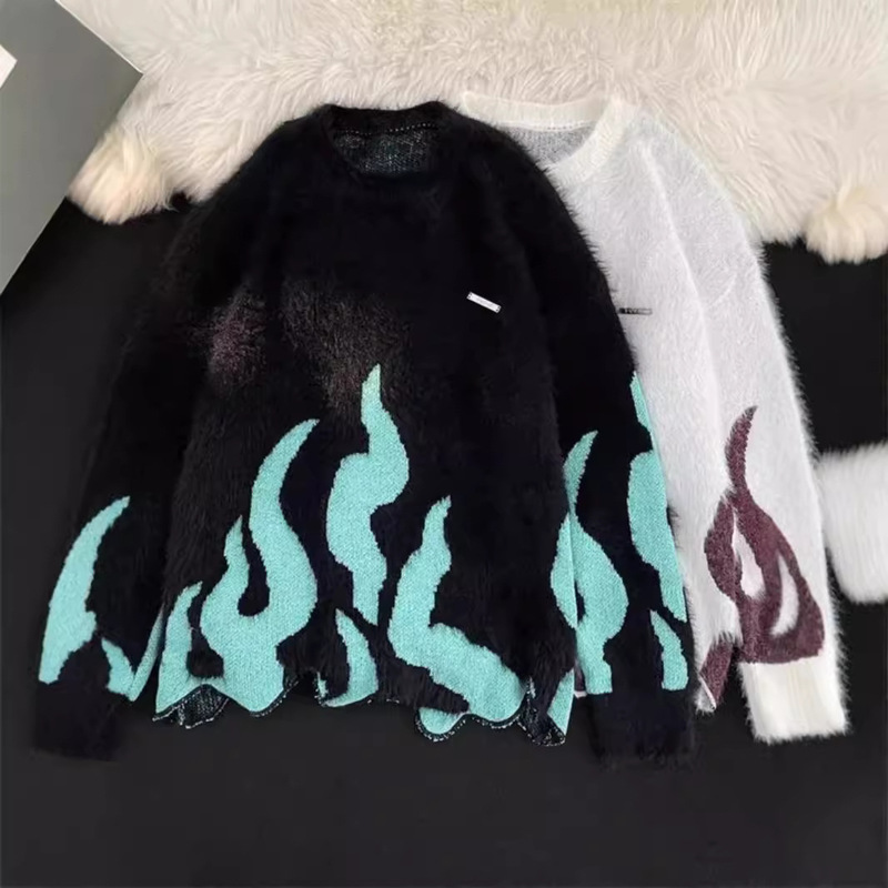Autumn and Winter New Irregular Hem Design Pullover Sweater American Retro Flame Embroidered Knitwear for Men and Women Couple Autumn and Winter New Irregular Hem Design Pullover Sweater American Retro Flame Embroidered Knitwear for Men and Women Couple