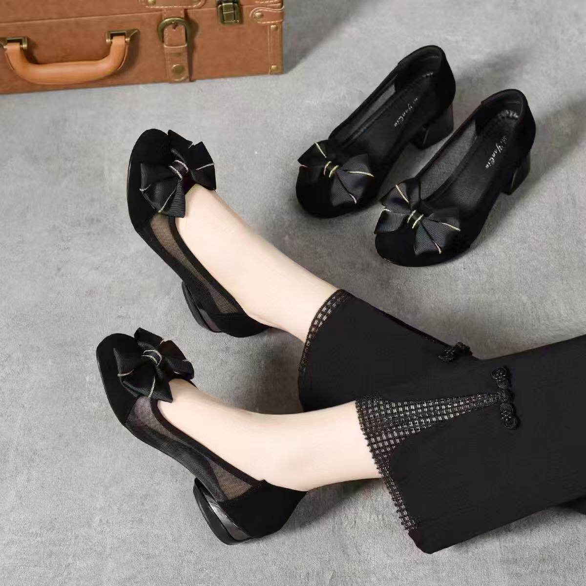 Giày búp bê nữ mũi tròn da thật lưới gót thấp 3 cm đế mềm — Đen 3cm chi tiết 1