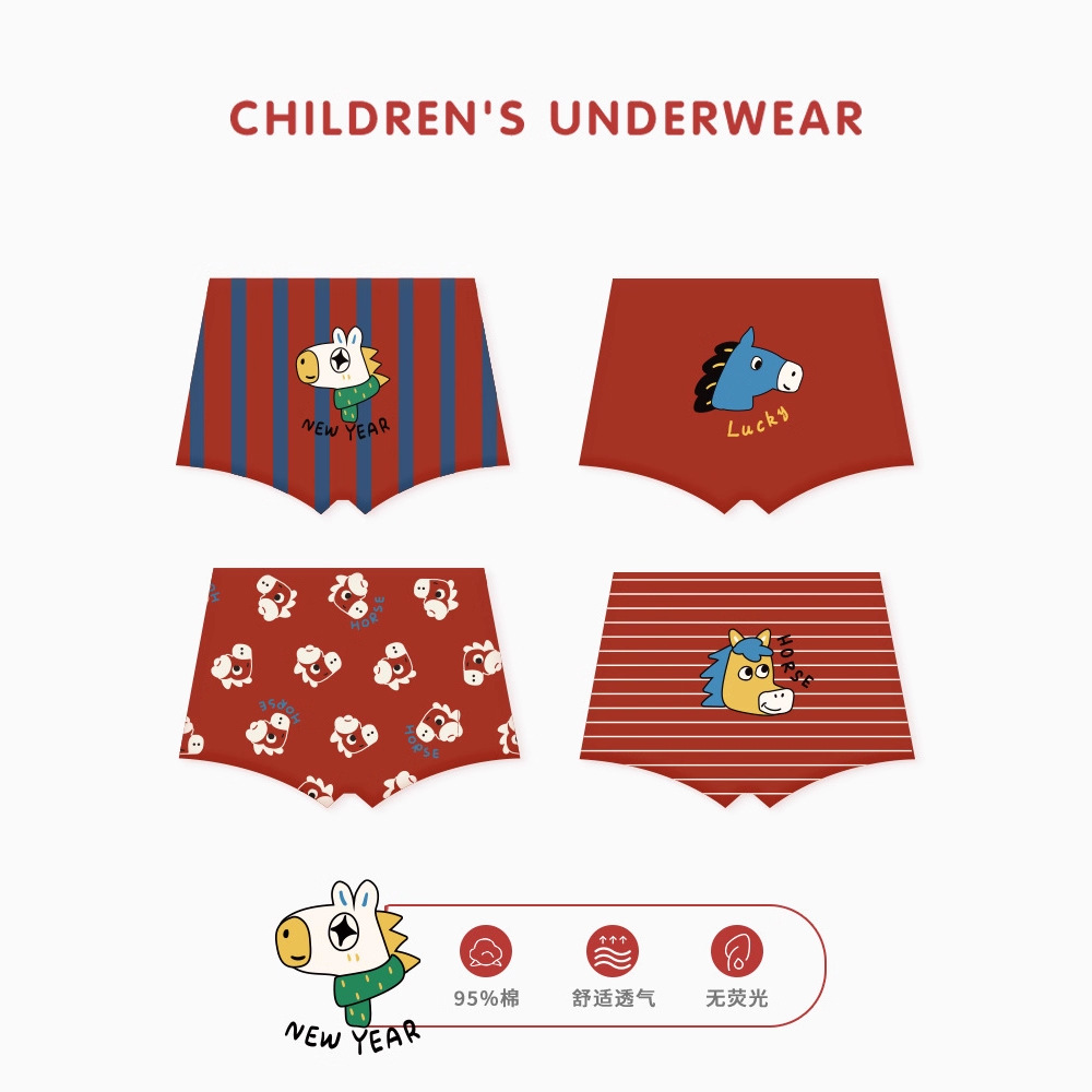 Pure Cotton Class a Kidsren's Boxer Briefs Kidsren's Underwear New Year's Growth Red Underwear Lucky Pony Cartoon Kidsren's Underwear