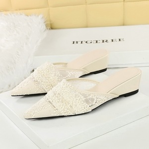599-28 French Fashion Slippers for Women, Lace Mesh, Pointed Point, Shallow Mouth, One Step Stepping, Slope Style, Outer