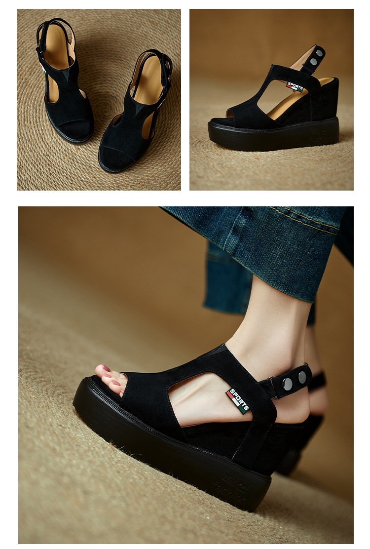 Sandal cao gót nữ hở mũi đế xuồng tăng chiều cao, phong cách La Mã, gót 9 cm — màu đen, xanh lá cây chi tiết 14