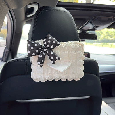 Car Interior Decoration, Car tissue box/set - polka-dot-bow-black-white-dots-puff-tissue-box