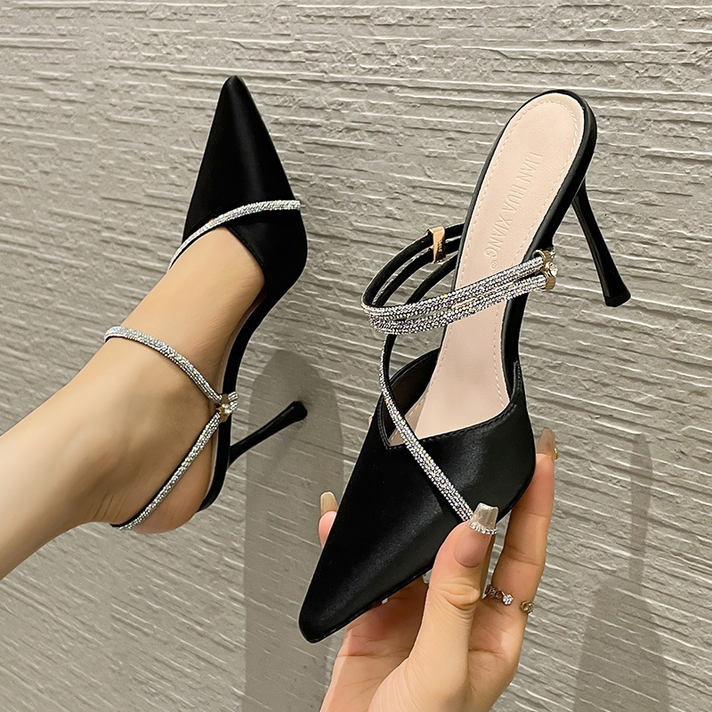 Elegant Pointed High Heel Sandals Rhinestone Strap Thin Heel Casual Summer New Daily All-match Fashion Solid Color Ins