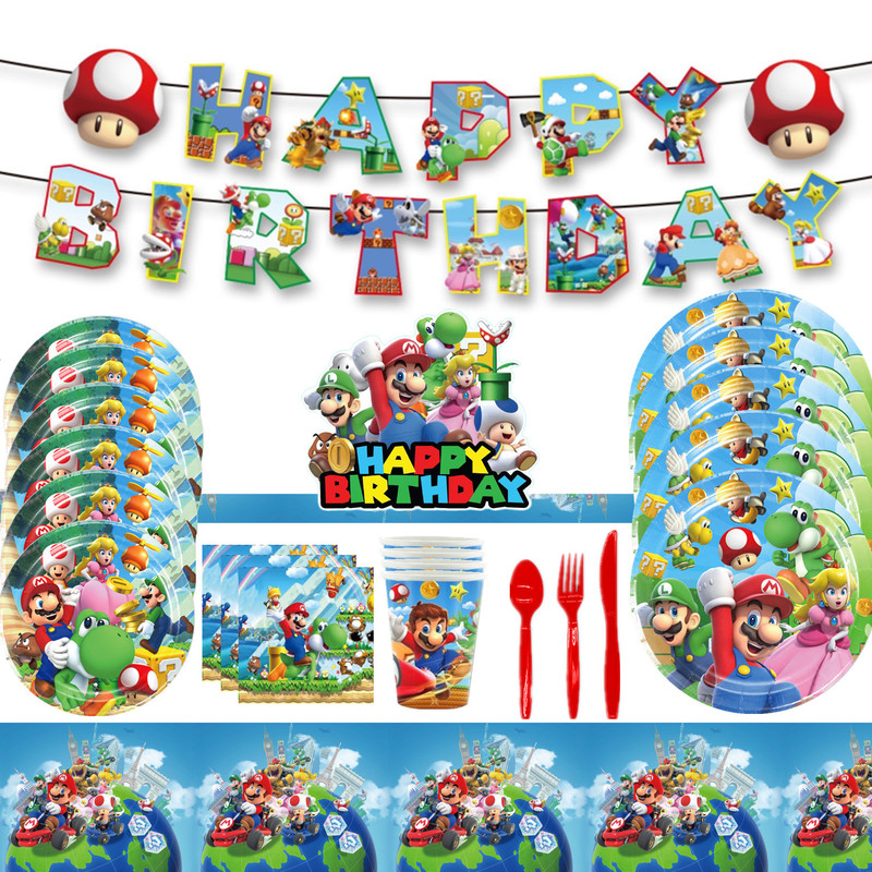 Mario Theme Party Decoration Supplies Disposable Tableware Paper Plates Paper Cups Flag Balloon Birthday Decoration Set Mario Theme Party Decoration Supplies Disposable Tableware Paper Plates Paper Cups Flag Balloon Birthday Decoration Set
