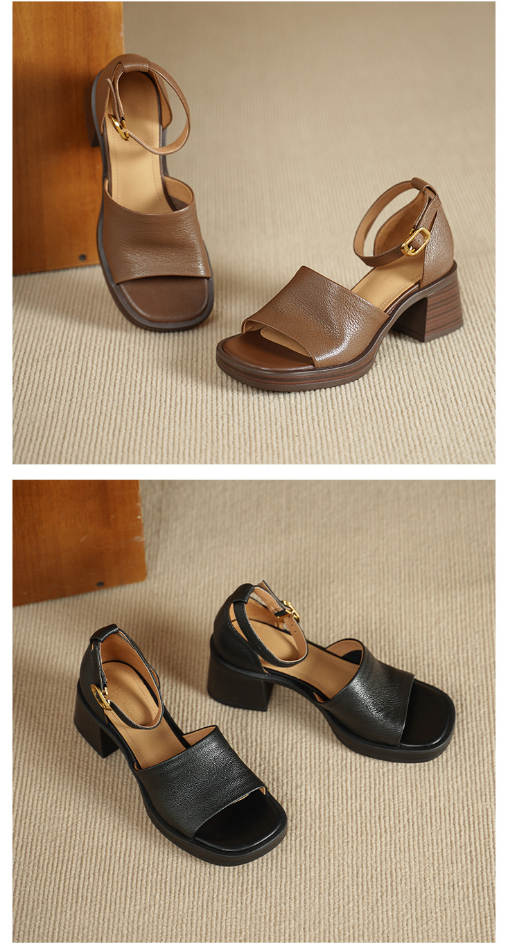 Sandal cao gót nữ hở mũi quai ngang khóa, da dê cao cấp, gót vuông ổn định — đen chi tiết 10