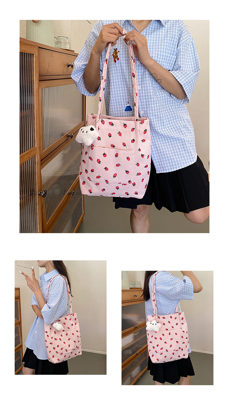 375g Weight Polyester Lining Material Magnetic Buckle Closure Type Double Shoulder Straps Strap Type Bucket Bag Bags Type Holiday, Daily Occasion Corduroy Material Strawberry Pattern Spring&Summer Season Women's Gender Cute Style Square Shape Medium Size Women's Medium Corduroy Strawberry Cute Square Magnetic Buckle Bucket Bag 15