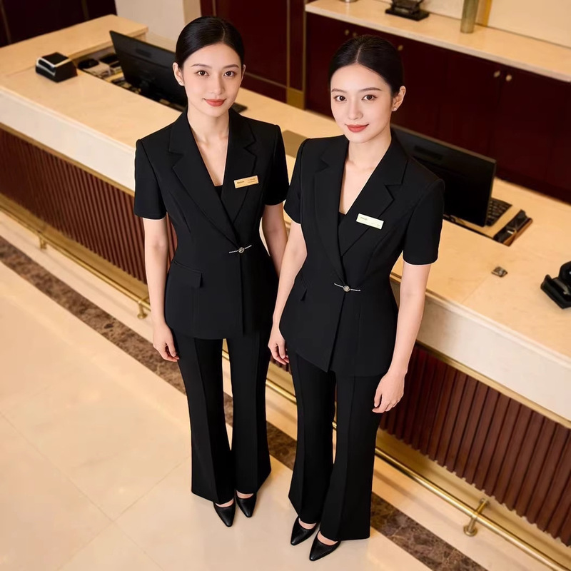Black Professional Short-Sleeved Suit for Women, New Summer Style Hotel Front Desk Work Attire, Thin Suit for Reception