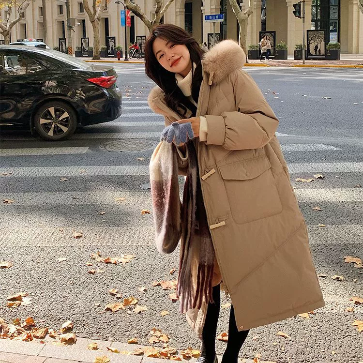 Long down jacket with hood, duck down