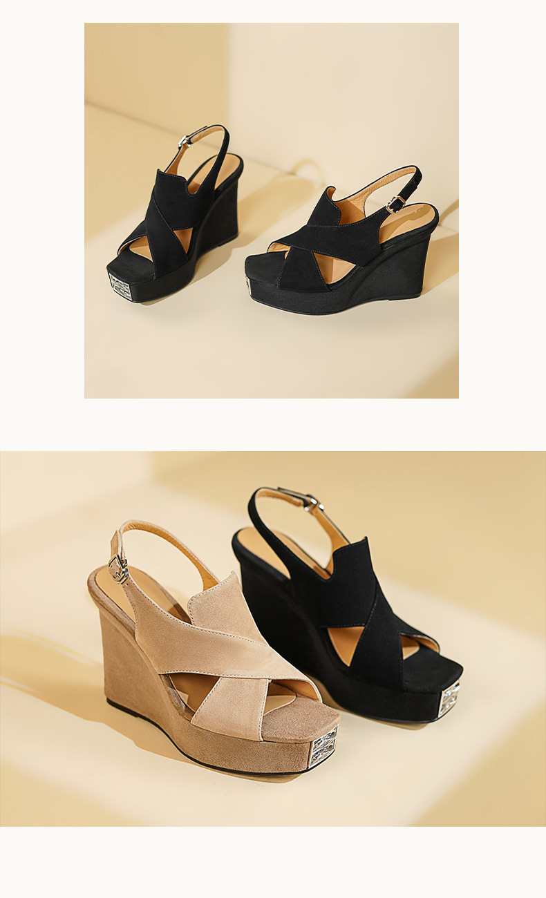 Sandal cao gót nữ hở mũi đế xuồng 10cm da lộn quai miệng cá — Màu đen chi tiết 7