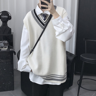 College Style Couple Artistic Knitted Sleeveless Sweater Vest Men's Wool Vest Vest Men's Autumn and Winter Trendy Inner Wear