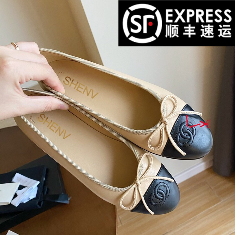 Chanel-Style Ballet Flats for Women, Genuine Leather, Shallow Mouth, Versatile Color-Blocking, Bow-Knot, Flat Shoes, 2026 New Model, Boat Shoes