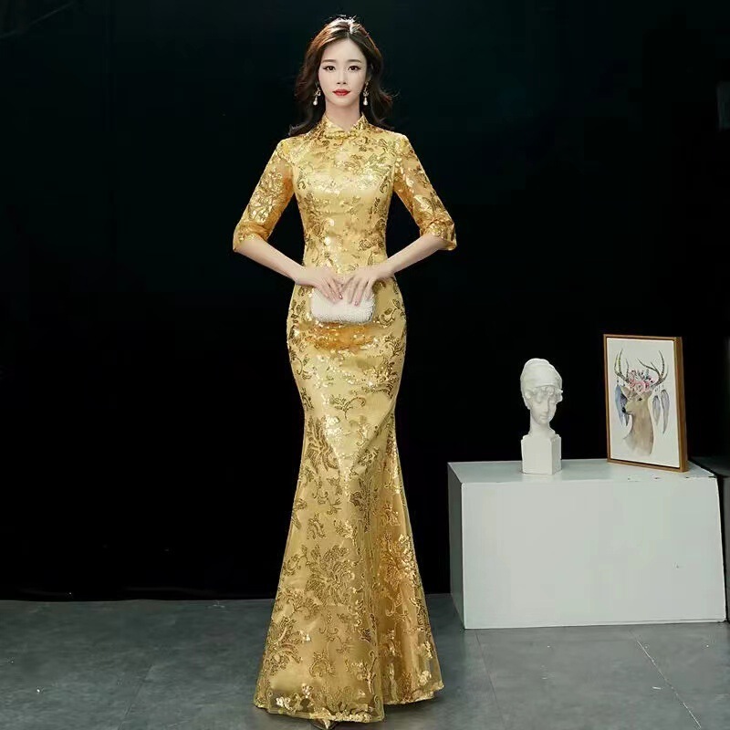 European and American fishtail cheongsam improved version dress high-end catwalk long spring and autumn golden performance evening dress temperament