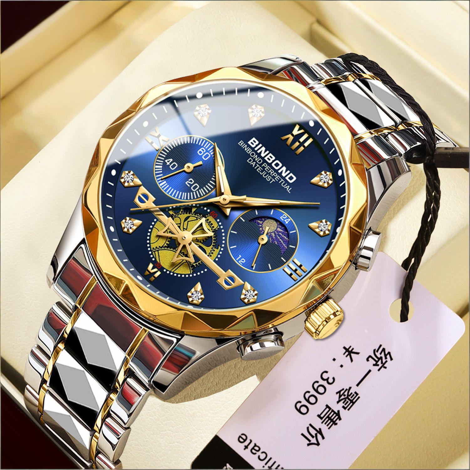 Binbang New Series Multifunctional Quartz Watch All-match Fashionable Watch Six-pin Chronograph Casual Trendy Men's Tungsten Steel Color