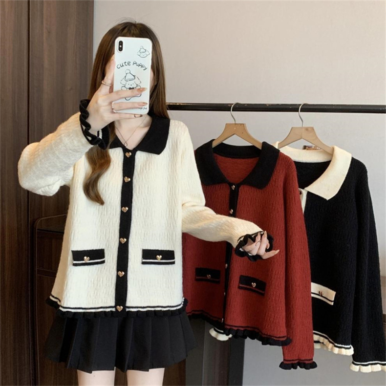 hombro francés pequeño viento fragrante borde de auricular con solapa de color contraste camiseta de punto suéter de mujeres de otoño y invierno temperamento delgado abrigo abdominal