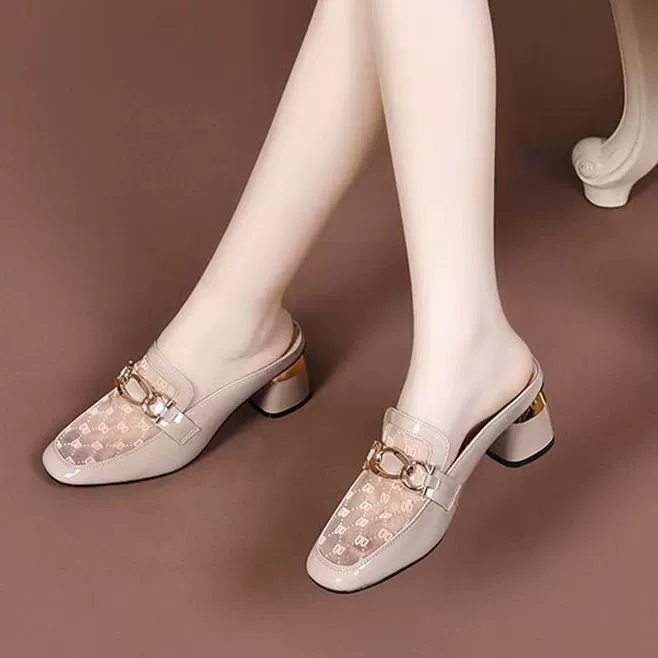 Баотоу наполовину тапочки женский 2023 летний новый сетчатый пряжа на толстом каблуке