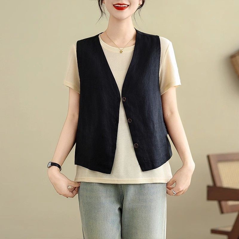 Casual estilo japonés chaleco de lino de verano delgado suelto chaleco de botón de cuello en V simple chaleco protector solar image 1