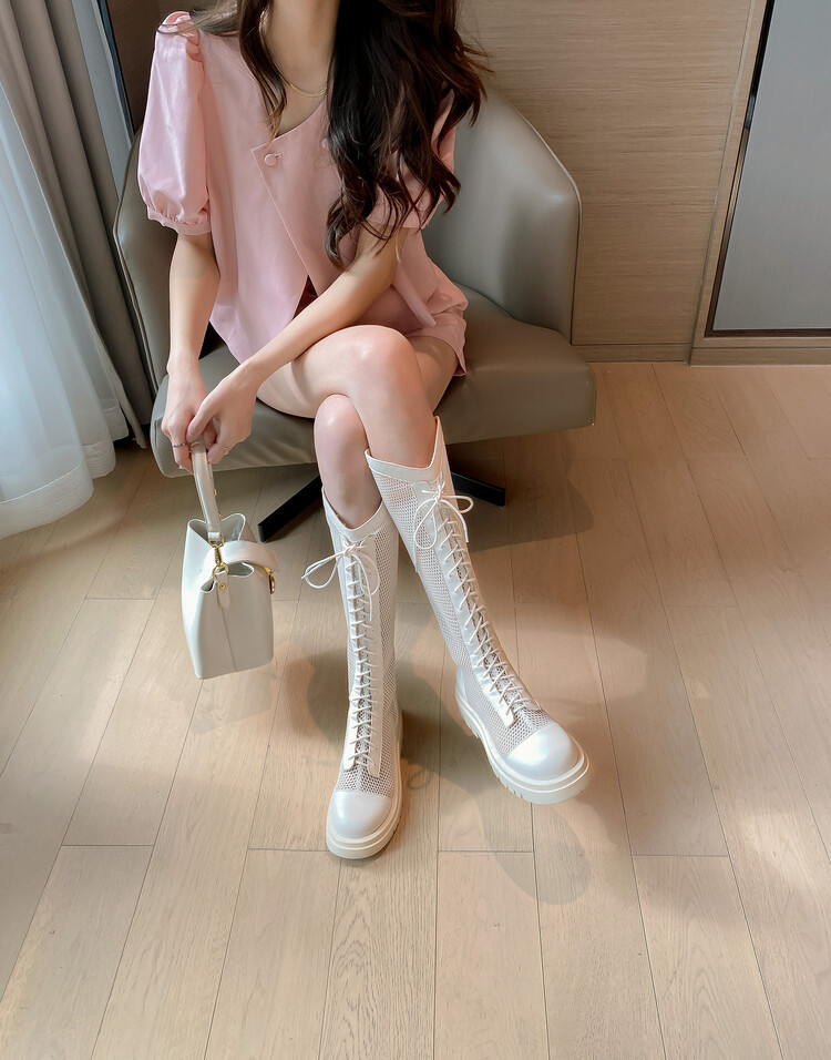 Boot lưới da thật cổ cao đế dày thoáng khí mùa xuân hè phong cách kỵ sĩ buộc dây — Màu nâu ống lớn, Màu đen cổ ống lớn, Ống nhỏ màu đen, Ống nhỏ màu be chi tiết 16