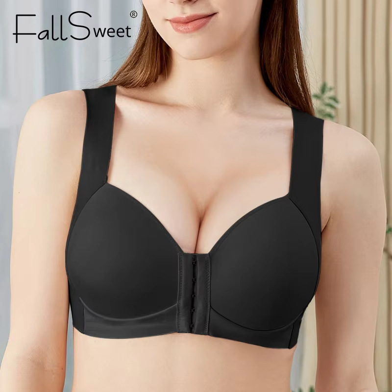 Bra de mujer gran taza delgada taza lisa ajustable tipo de botón delantero de mujer sin marcas cómodo soporte de espalda bra