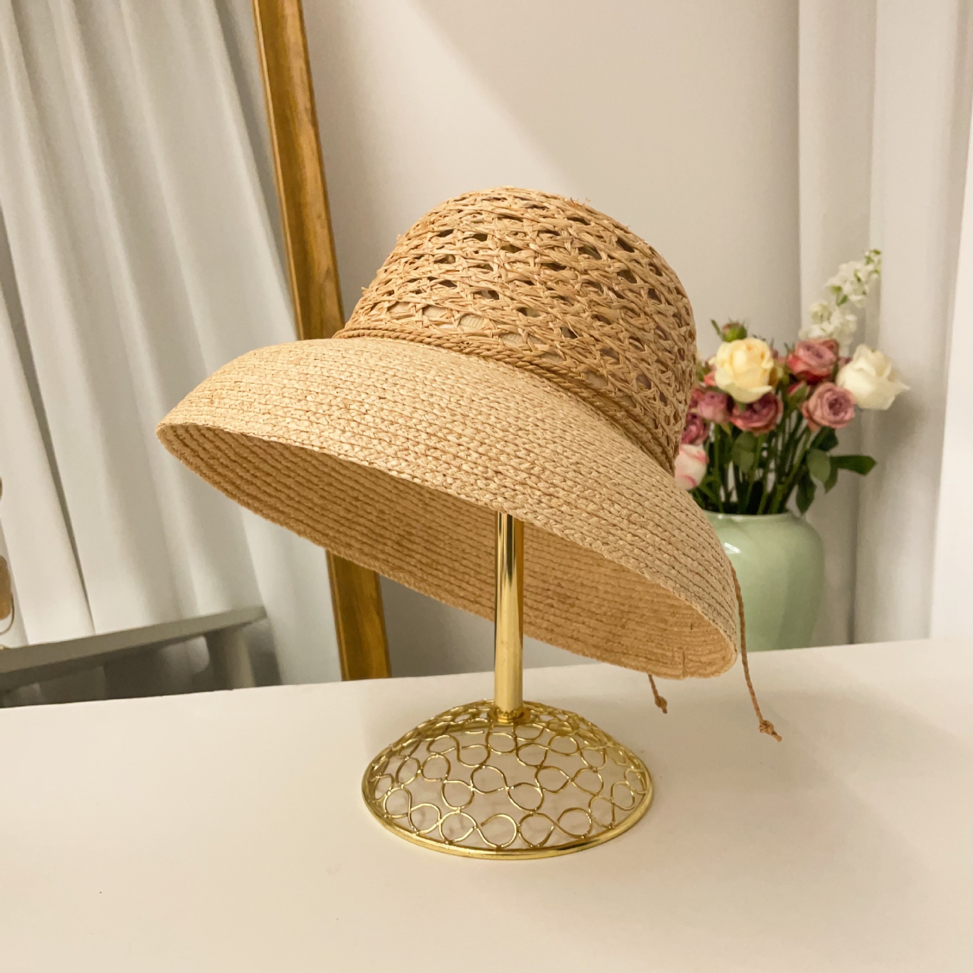 Cappello da sole in paglia stile hepburn per donna_voghion.com