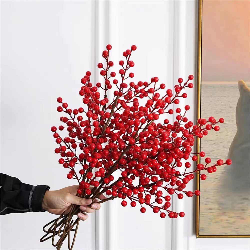 Fruta roja fortuna fruta simulación Holly fruta flor falsa Año Nuevo bendición cubo hogar sala de estar decoración fábrica de bayas rojas al por mayor