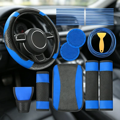Car interior all-season breathable armrest Steering wheel cover - blue-one-size-fits-all