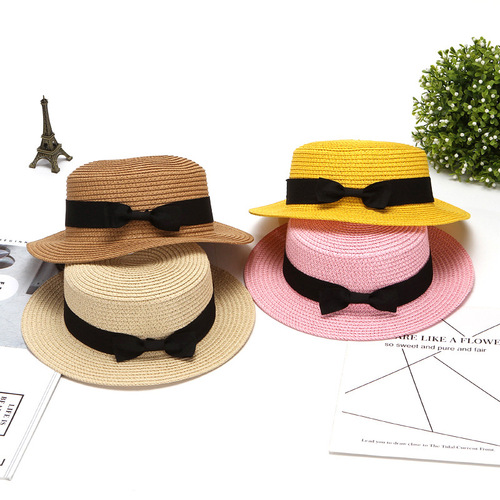 Summer Straw Hat Korean Style British Retro Flat Top Fresh and Cute Fascinator Sun Protection Beach Hat Trendy Summer Outing Hat