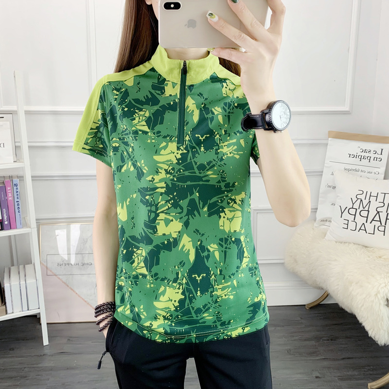 Verano al aire libre ropa de secado rápido mujer correr deportes secado rápido camiseta camuflada absorción de sudor transpirable cuello vertical manga corta caminata image 8