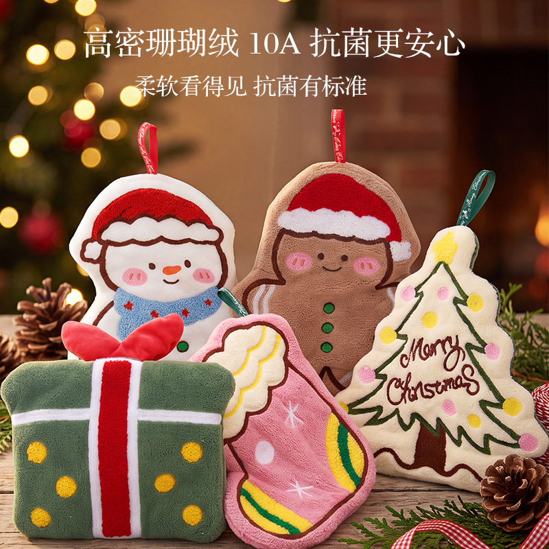 Coral fleece Christmas hand towel cartoon gingerbread man snowman absorbent hangable kitchen bathroom household hand towel