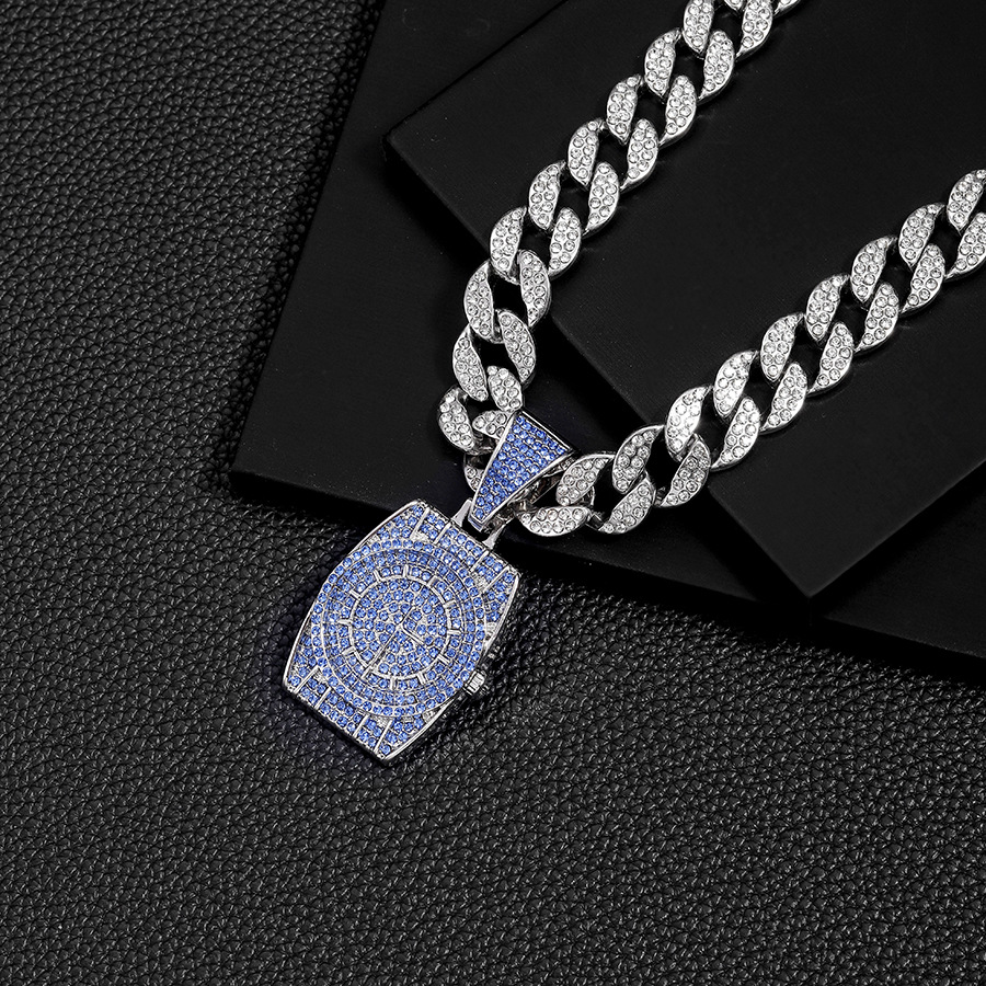 Personalized hip-hop niche blue diamond watch pendant full of diamonds, men's versatile jewelry, Cuban necklace jewelry_voghion.com