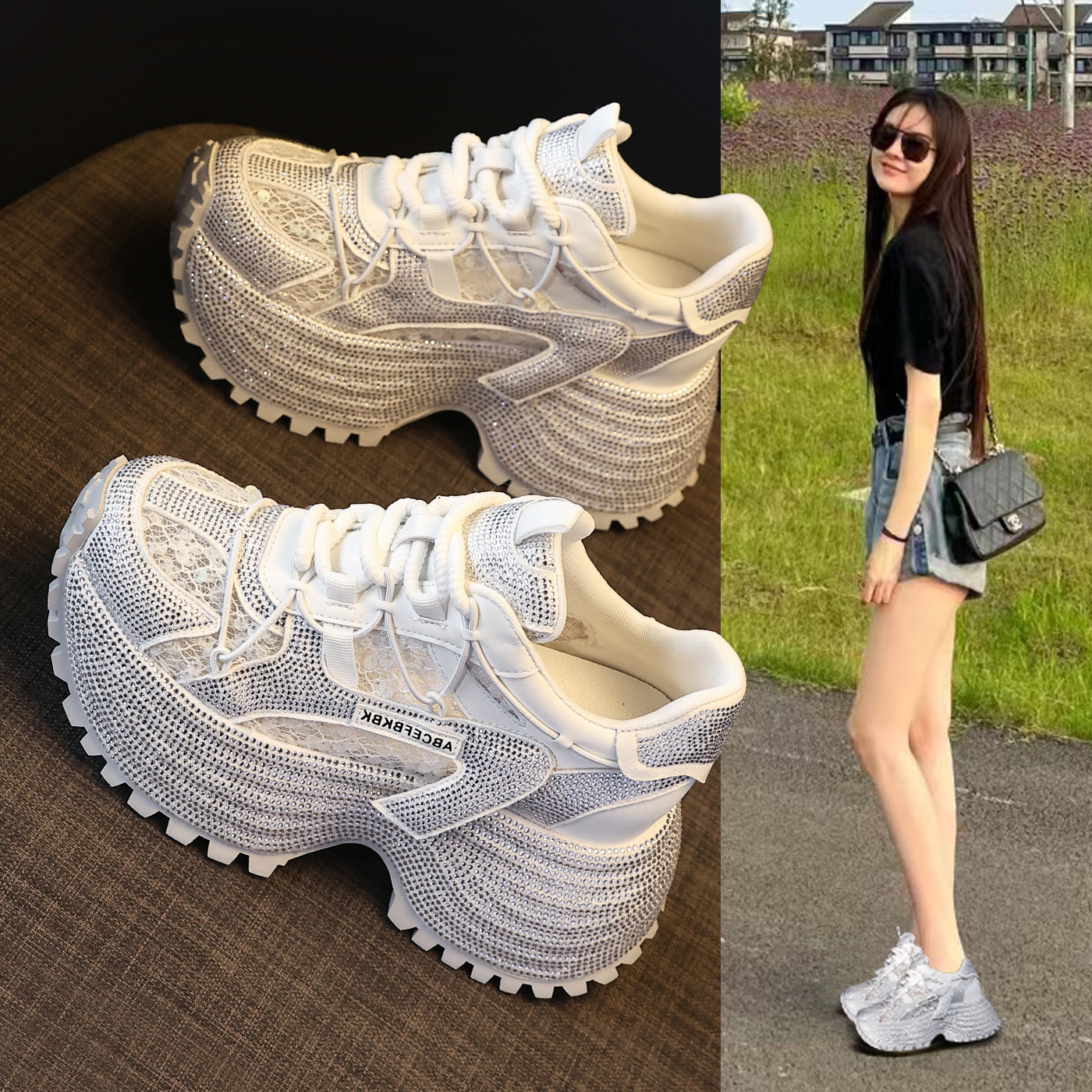 Giày sneaker nữ đế dày tăng chiều cao đính đá lưới thoáng mát — màu đen