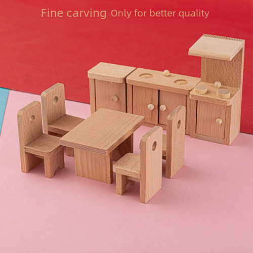 Wooden dollhouse playset miniature children's wooden block toy kit personalized creative kitchen dining table