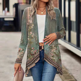 2023秋季亚马逊欧美跨境开衫无扣长袖植物花卉印花女士披风风衣