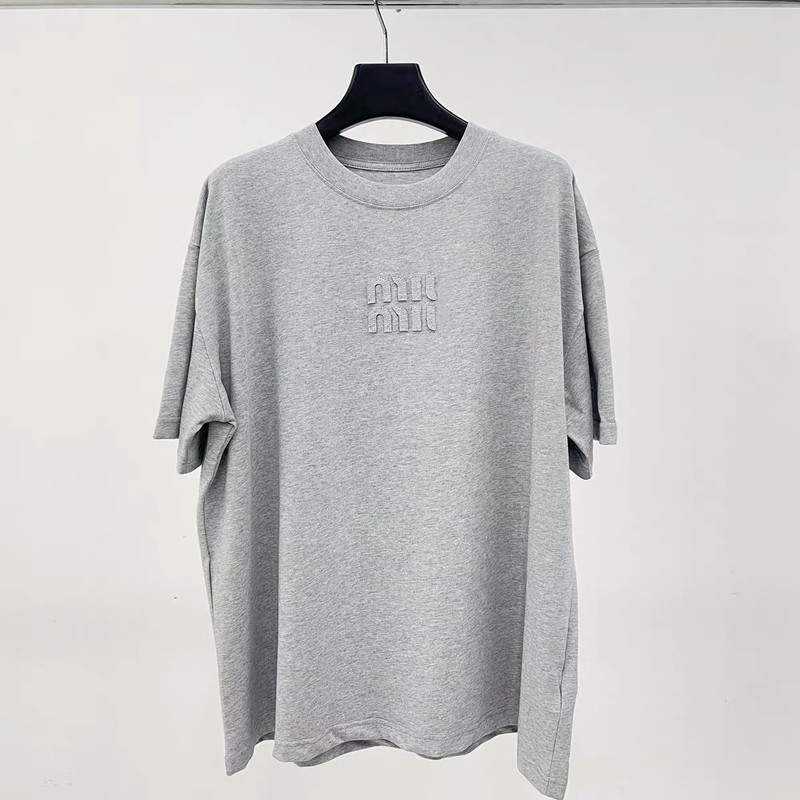 Miu Miu 2025 Summer New Patchwork Embroidered Logo Letter Short Sleeve T-Shirt for Men and Women