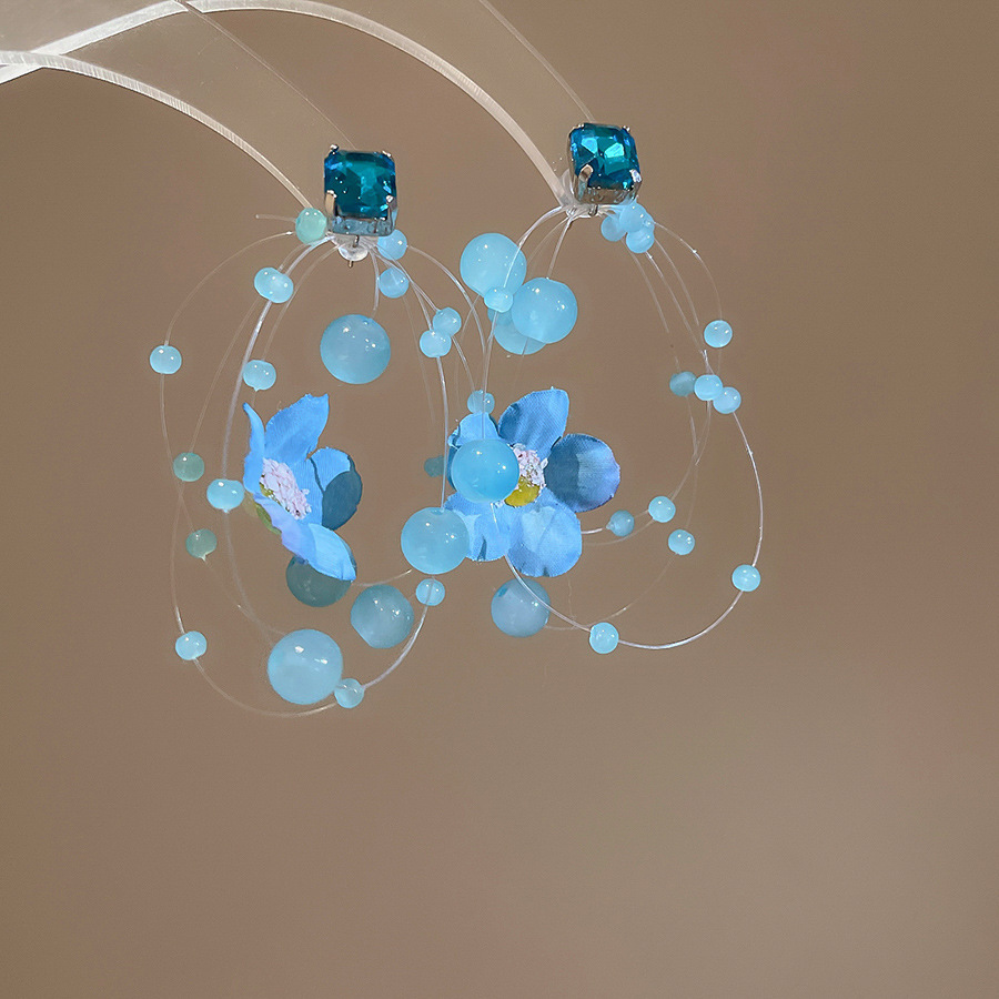 Pendientes de borla de cuentas de arroz de flor de gasa de aguja de plata Pendientes de todo fósforo de estilo de vacaciones Pendientes frescos y dulces para mujer