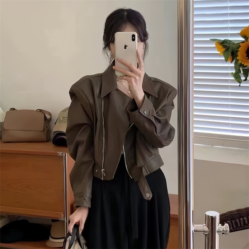 Brown Leather Jacket for Women, Autumn New Korean Style, Loose Slimming Suit Collar Biker Short Leather Jacket Trendy