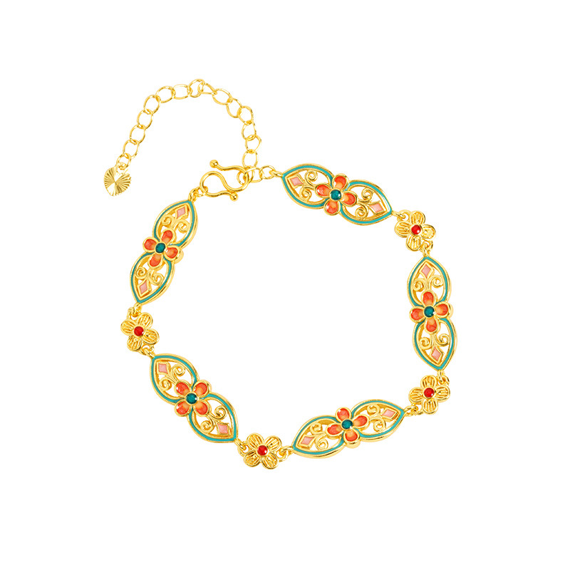 Guochao antiguo pulsera de oro de estilo de corte esmalte colorido flores ruyi joyas de mano femenina no se desvanecen joyas