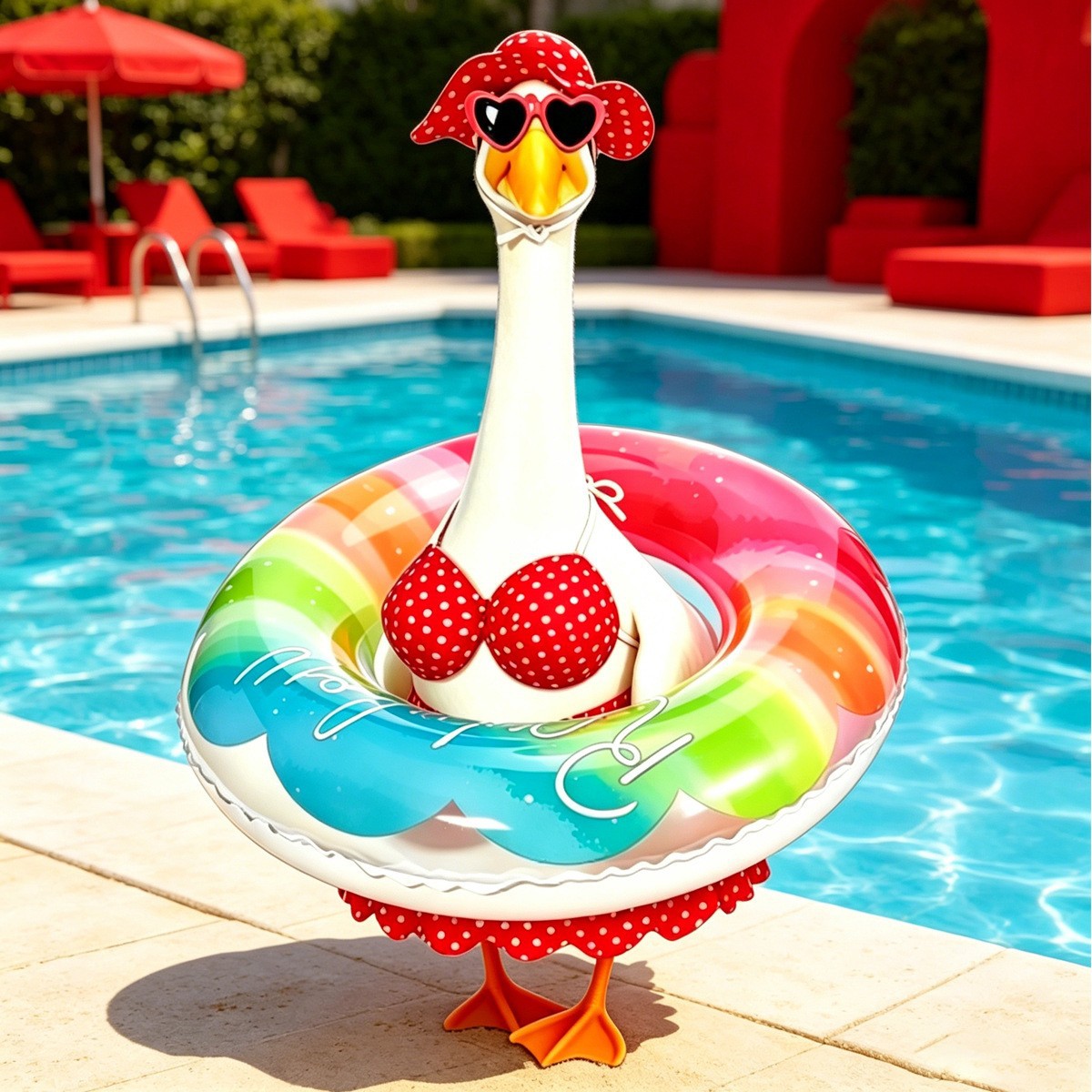Tropical Summer Beach Bikini & Sunshade Straw Hat Goose Outfit