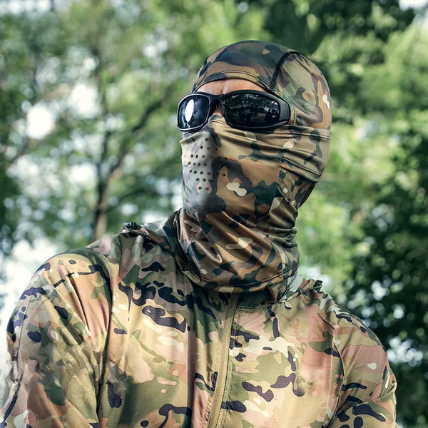 Camouflage outdoor tactical sun protection riding hood motorcycle Ice Silk full face mask spring and summer sun protection scarf military fans