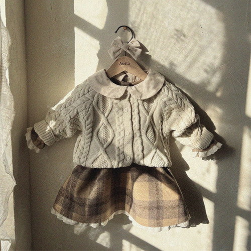 Korean version of the new spring and autumn baby doll collar long-sleeved lace dress baby checkered cute princess trendy dress