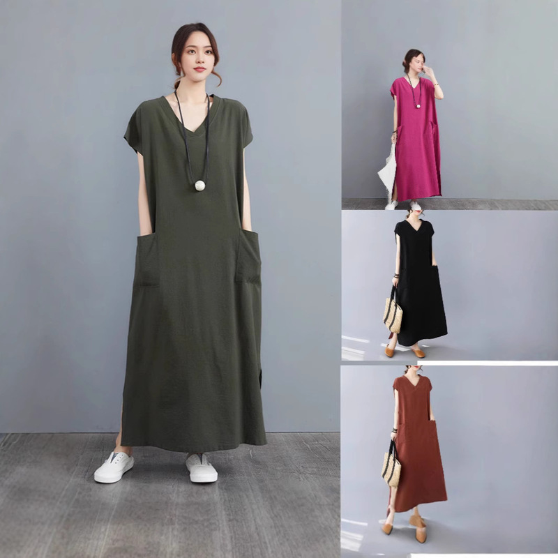 2025 Summer Cotton and Linen V-Neck Plus-Size Loose Pocket Design Short-Sleeve Dress Robe with Elegant A-Line Silhouette 2025 Summer Cotton and Linen V-Neck Plus-Size Loose Pocket Design Short-Sleeve Dress Robe with Elegant A-Line Silhouette