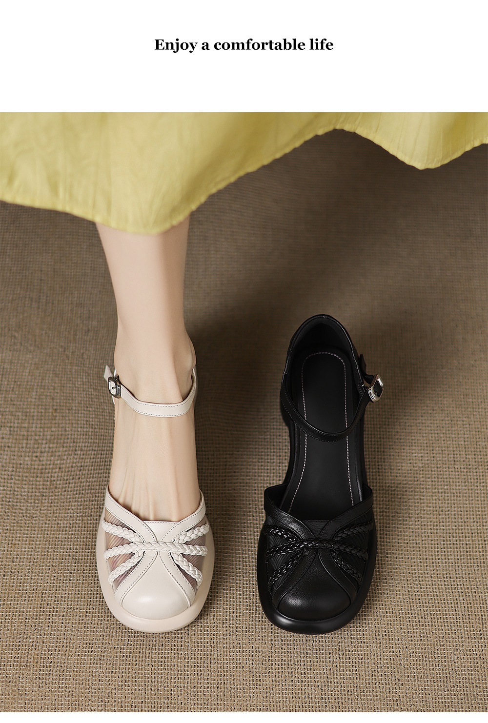 Sandal quai ngang nữ mũi bao da bò gót dày kiểu La Mã lưới rỗng — đen chi tiết 1