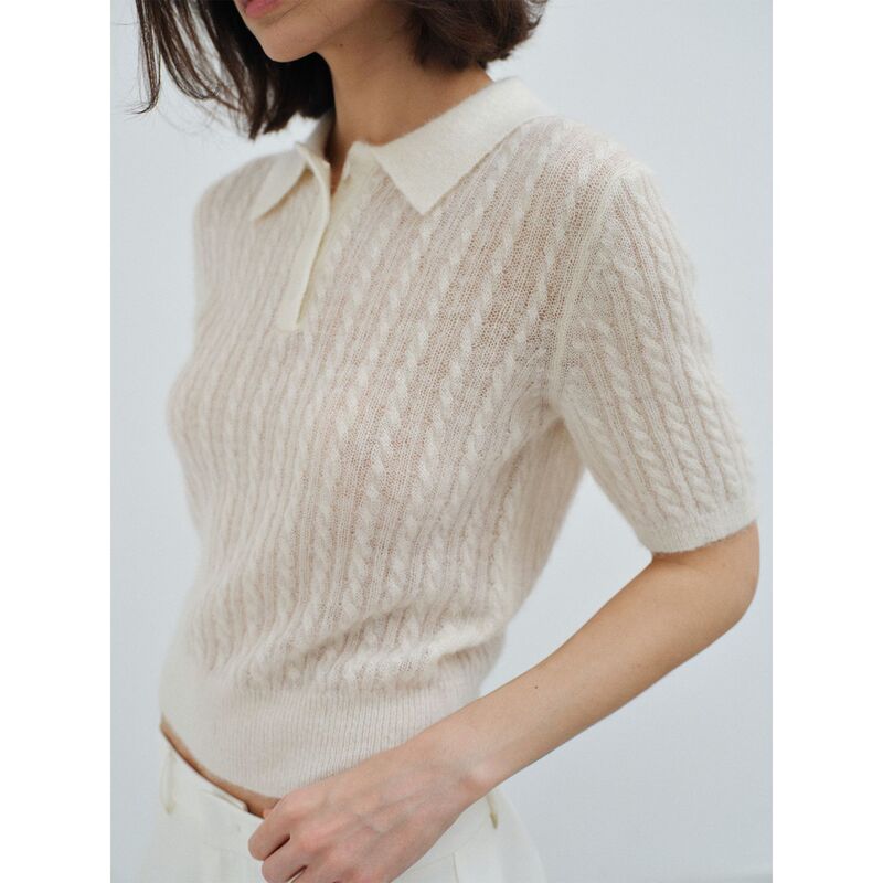 [Common Line] Spring New Design Fluffy and Soft Alpaca Wool Cable-Knit Polo Shirt for Women C6020